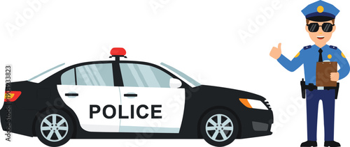 Police officer standing beside patrol car cartoon illustration law enforcement concept isolated on white background flat design vector style graphic