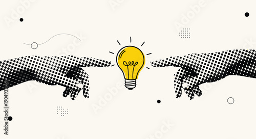 Trendy halftone collage two human hands reaching toward glowing lightbulb creative idea and innovation concept