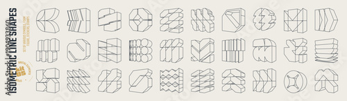 Postmodern abstract geometric graphic frame elements, Isometric line brutal 3D shapes, Brutalism volumetric carcass various form, trendy cyber design symbols in futuristic aesthetics, vector set 5