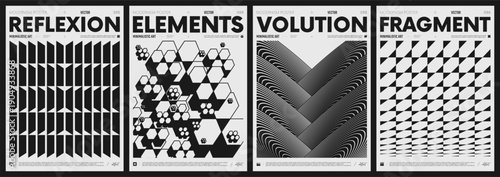 Modern abstract poster collection, brutalist style inspired graphics, shape distortion effect, vector minimalist posters with geometric shapes in black and white, bold aesthetic set 24