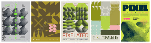 Set modern art colorful trendy poster, abstract geometric A4 composition graphic in Y2K aesthetics, vector simple shapes rave print artwork modernism and minimalistic brutalism style, mix set 10