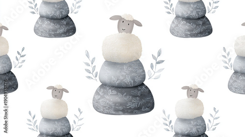 Cute Sheep Sitting on Stacked Pillows with Floral Pattern