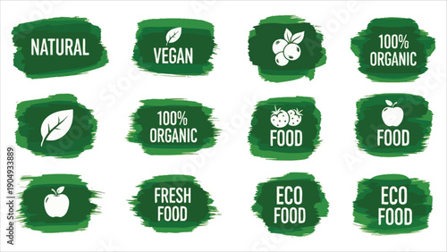 Organic food labels. Fresh eco vegetarian products, vegan label and healthy foods badges vector set