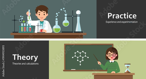 Science education concept illustration practice experiment theory lesson chemistry laboratory teacher student learning knowledge isolated white background vector design