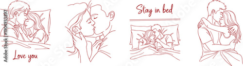 Romantic couple line art illustration intimate love moments kissing hugging in bed minimal sketch valentine relationship concept isolated white background