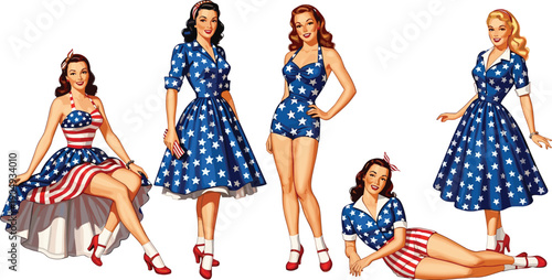 Vintage patriotic pin up girls set illustration american flag dresses retro fashion glamour 1950s style women poses isolated white background