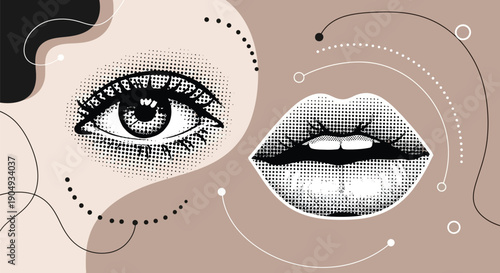 Trendy halftone collage female lips,eye and mouth pop art style modern fashion beauty concept