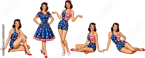 Vintage pin up girls set illustration american flag dress retro patriotic fashion 1950s style glamour woman poses isolated white background