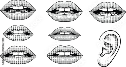 Trendy halftone collage mouth and lips abstract pop art modern creative concept