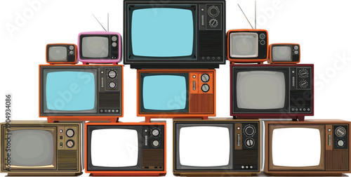 Vintage television set collection illustration retro TV screens old broadcast technology media nostalgia isolated white background vector design art poster