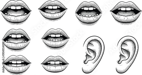 Trendy halftone collage lips and open mouth expressive pop culture and modern art concept