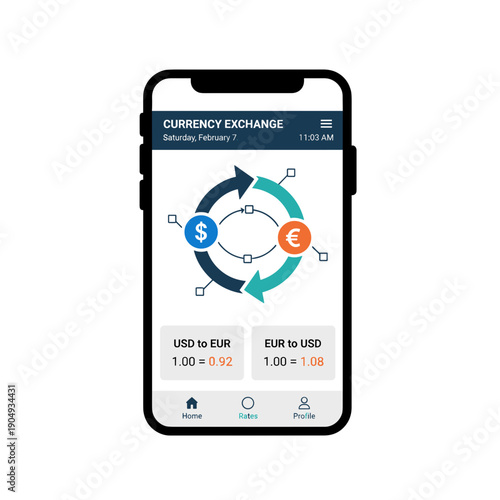 Mobile currency exchange application interface showing usd to eur conversion rates with circular flow diagram on smartphone screen, financial trading concept