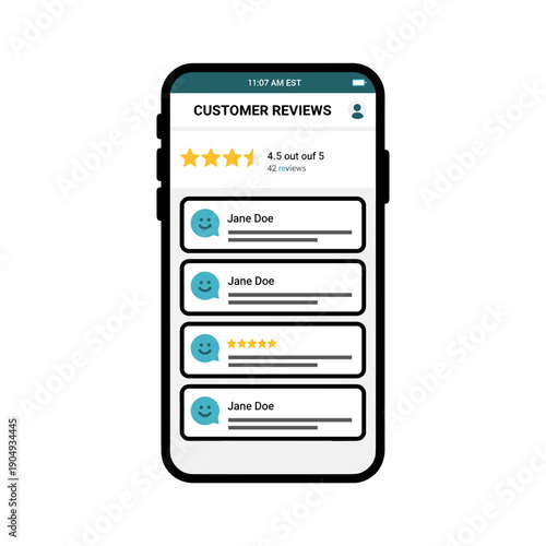 Customer reviews list with star ratings and user comments shown in mobile application interface on clean background, online reputation concept