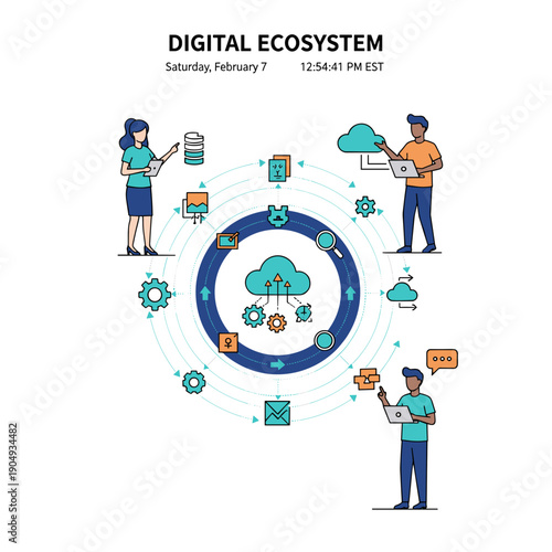 Digital ecosystem illustration showing cloud based services data flow and collaboration between users and platforms on white background, business technology concept