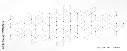 Abstract geometric 3D cube structure with connected lines and dots on white background. Concept of digital technology, blockchain, data visualization, architecture, innovation and modern design