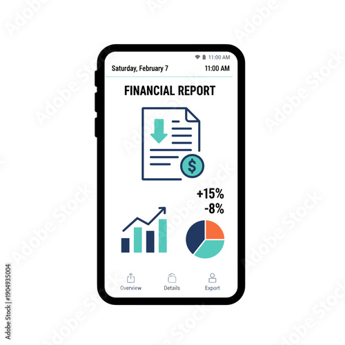 Financial report dashboard with income growth charts and expense distribution displayed on smartphone screen, business finance analysis concept