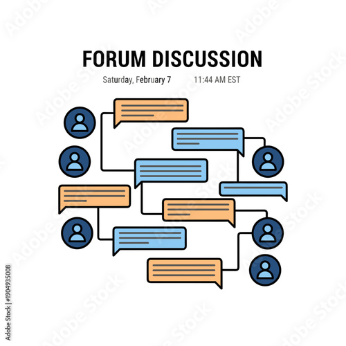 Online forum discussion concept with multiple user messages and connected conversation threads on clean background, community communication concept