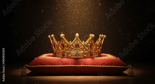 Golden ornate crown resting elegantly atop a rich red velvet cushion with intricate detailing and sparkling background