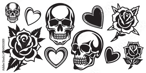 Old School Flash Tattoo Vector Set with Rose, Skull and Heart