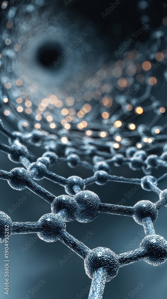 Obraz premium 3D render of a carbon nanotube molecular structure showing a hexagonal lattice tunnel with glowing particles