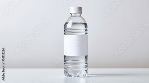 Clear plastic water bottle with blank white label mockup isolated on white background