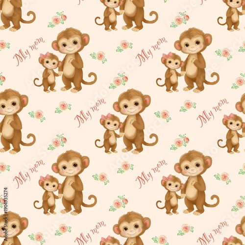 Photography Seamless pattern with cute mother and baby monkeys, soft pastel tones, floral accents, and hand-lettered “My mom” text