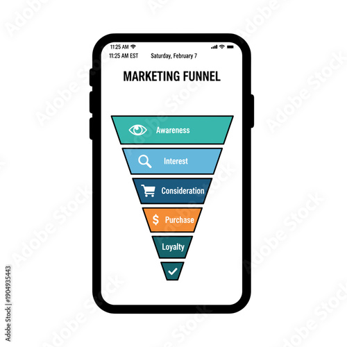 Marketing funnel diagram displayed on smartphone screen showing awareness interest consideration purchase and loyalty stages, digital marketing concept
