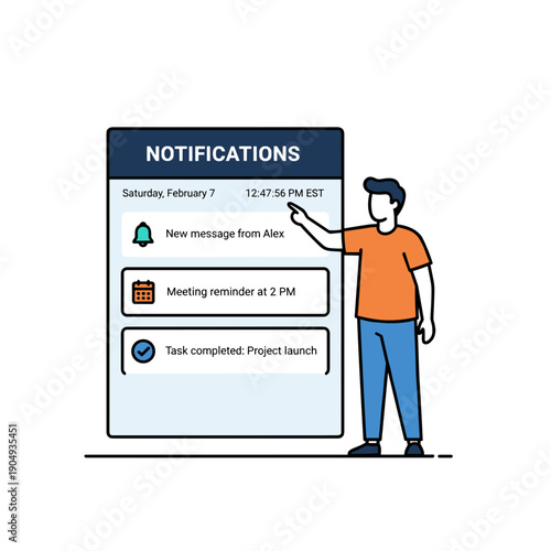 Notification panel interface with reminders messages and task alerts displayed on screen, productivity and communication concept