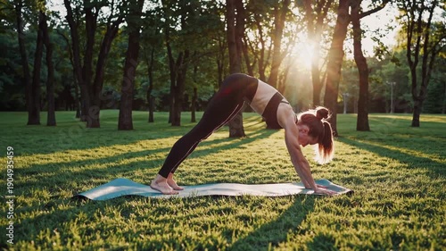 Wallpaper Mural Athletic woman doing plank exercise in sunny park. Outdoor fitness training, healthy lifestyle, and morning workout footage Torontodigital.ca
