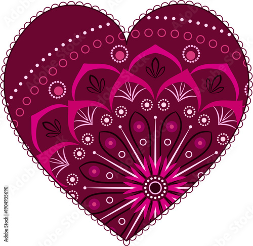 Red heart with bright ethnic ornament. Colorful romantic decor. Ornamental ethnic round pattern. Floral Indian mandala ornament in shades of red. Valentine day greeting card design