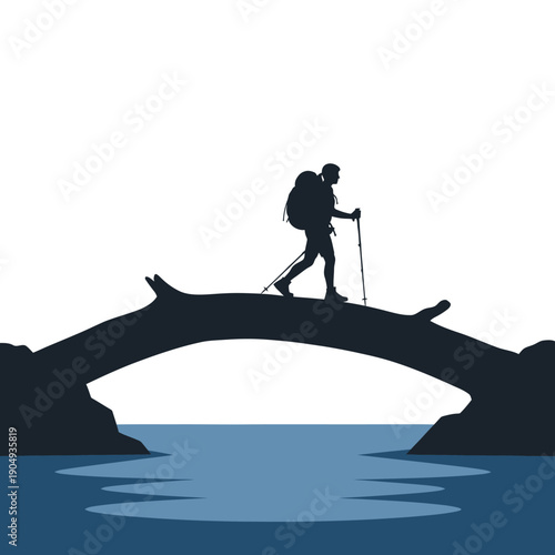 Silhouette of a hiker with a backpack crossing a bridge over water