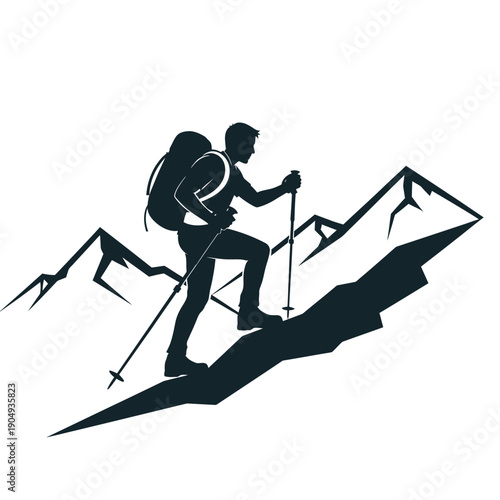 Silhouette of a hiker ascending a steep mountainous landscape