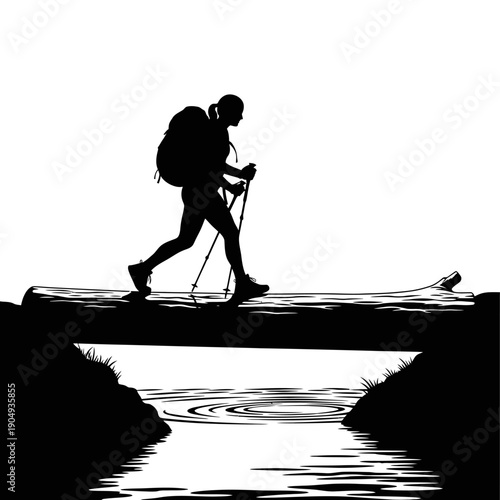 Silhouette of a hiker walking with poles across a narrow bridge