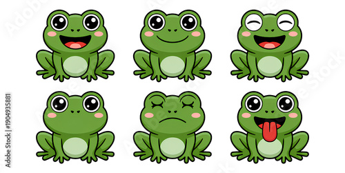 Cute happy frog faces with different expressions in cartoon style on transparent background