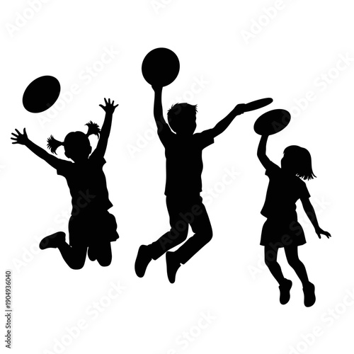 Children joyfully playing with flying discs in a dynamic silhouette