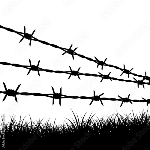 Black silhouette of barbed wire fencing against a bright white background