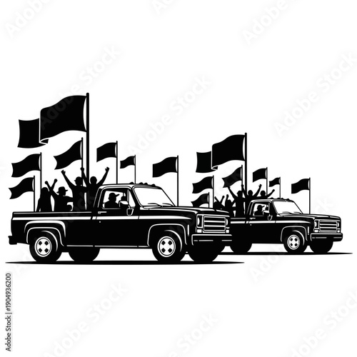 A procession of trucks displaying black flags silhouetted against a white background