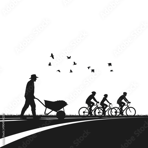 Silhouettes of people walking and cycling against a bright sky