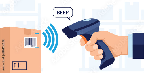 Illustration of barcode scanner reading cardboard box with orientation arrows and “BEEP” signal for logistics and inventory tracking