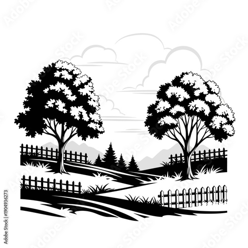 A black and white illustration of trees a path and a picket fence