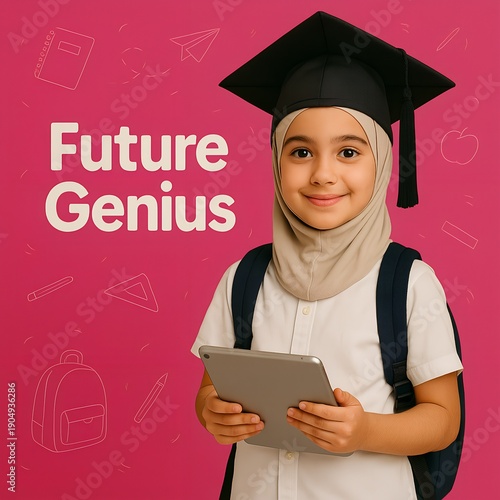 Educational poster featuring a young girl in graduation cap with Future Genius text