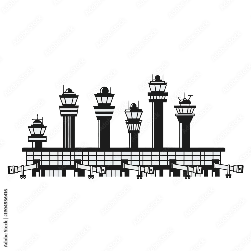 Obraz premium Stylized illustration of an air traffic control tower and airport terminal