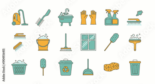 A comprehensive collection of colorful flat design icons representing various cleaning tools and household supplies for domestic chores and sanitation.