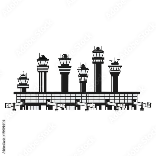 Stylized illustration of an air traffic control tower and airport terminal