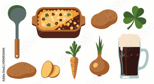 Various ingredients and a finished dish, including shepherd's pie, potatoes, carrots, onions, a shamrock, and a pint of dark beer, representing Irish food and culture.