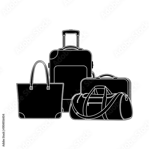 Black and white illustration of various travel luggage items stacked together