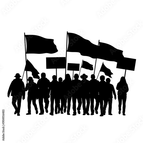 Silhouette of a protest crowd with raised flags and signs