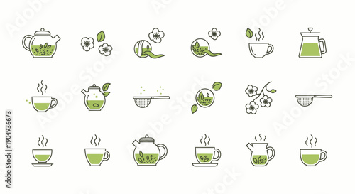 A collection of minimalist line art icons depicting various elements of tea preparation and consumption, including teapots, cups, leaves, and flowers, in green and grey.