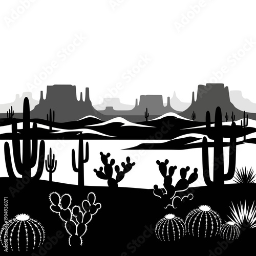 Silhouetted desert landscape with cacti and mountains under a bright sky