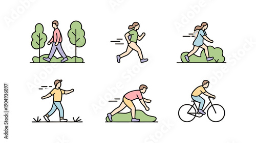 Illustration of various people engaged in different physical activities in the park.